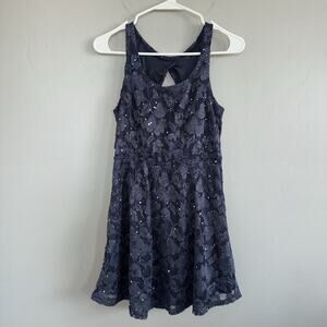 Wet Seal Sequin Lace Mini Dress Woman Size M Dark Blue Sleeveless Open Back